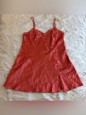 Vintage Y2K Victoria's Secret Satin Lace Mini Slip Dress Orange Slit Size M